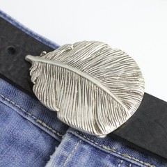Large Feather Detailed Rustic Silver Vintage Look Oval Belt Buckle