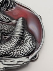 Rattlesnake Belt Buckle Coiled Snake Red Enamel Pewter Tone Western