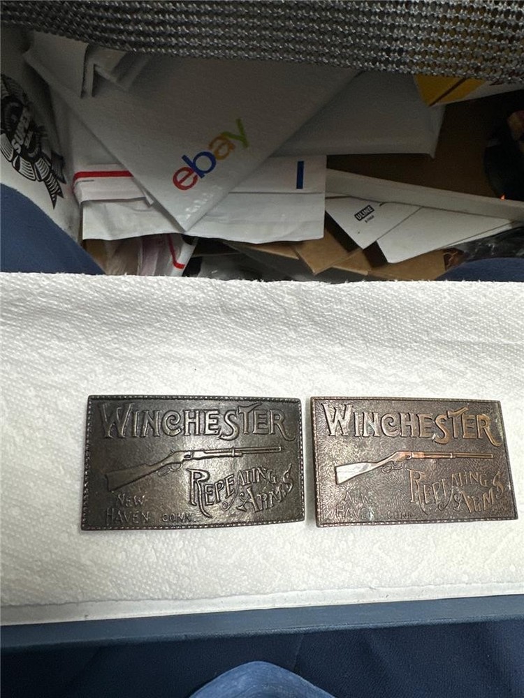 Two Vintage Brass Winchester Repeating Arms Belt Buckles New Haven Conn