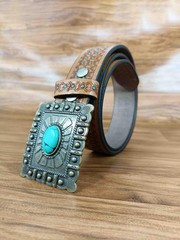 Paul Walter Antique Brass Concho Buckle with Turquoise Large (36-38), Brown