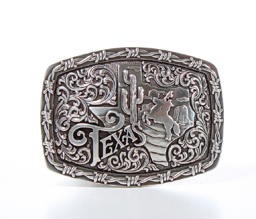TEXAS ~Silver Western Belt Buckle~ Square – Barbed Wire, Cactus, Bronco 37718
