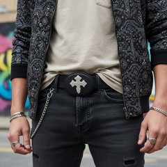 Men Women Fashion Black Oval Belt Buckle Silver Metal Bling Cross Religious Look