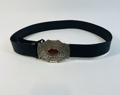 Womens Linea Pelle Black Leather Belt with Floral Buckle Large