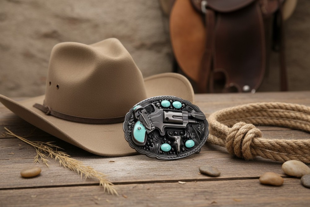 Men Western Oval Buckle Silver Metal Revolver Pistol Gun Feather Bull Turquoise