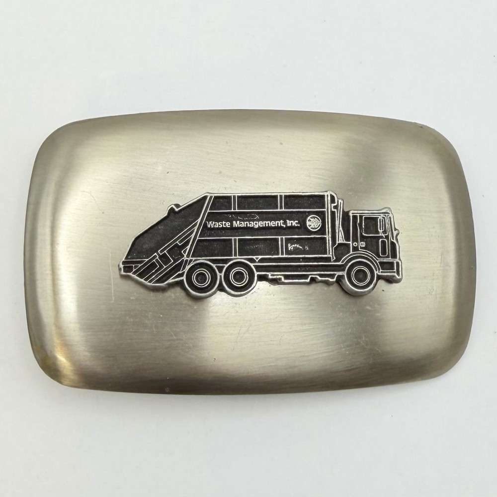 Vtg Waste Management Truck Belt Buckle Silver Tone Vintage Made in USA 3.25&Prime;x2&Prime;