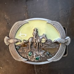 Western Cowboy on Horse Eagles Metal Belt Buckle With Enamel Background
