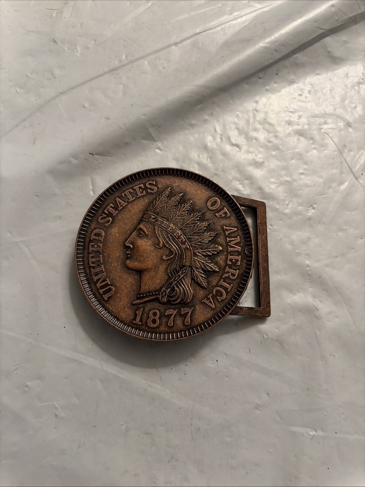 Vintage 1877 Indian Head Penny Belt Buckle Bronze Tone Round Coin Americana 3”