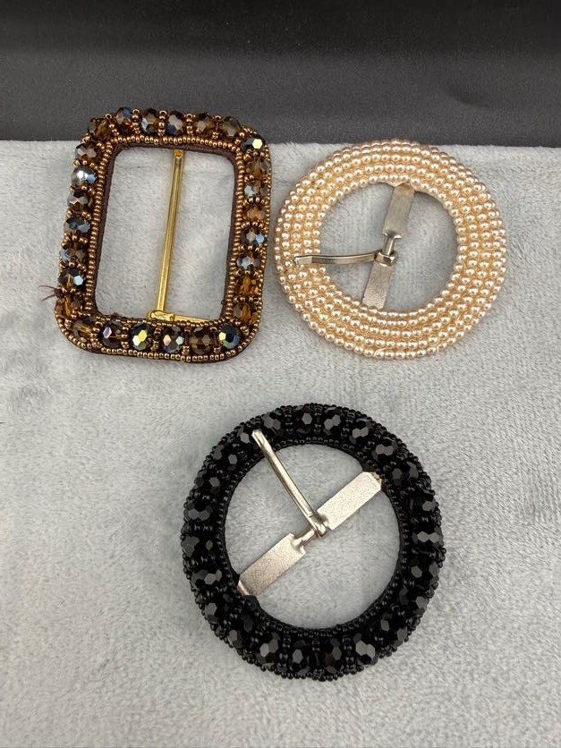 Vintage Womens Buckles Lot Of 3 Brown Black Rhinestone Faux Pearl