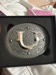 Men&rsquo;s Silver Tone Oval Western Belt Buckle Letter U Scrollwork Metal