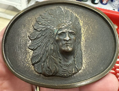 INDIAN CHIEF Belt Buckle BRASS Native American Made in USA Western Vintage VTG