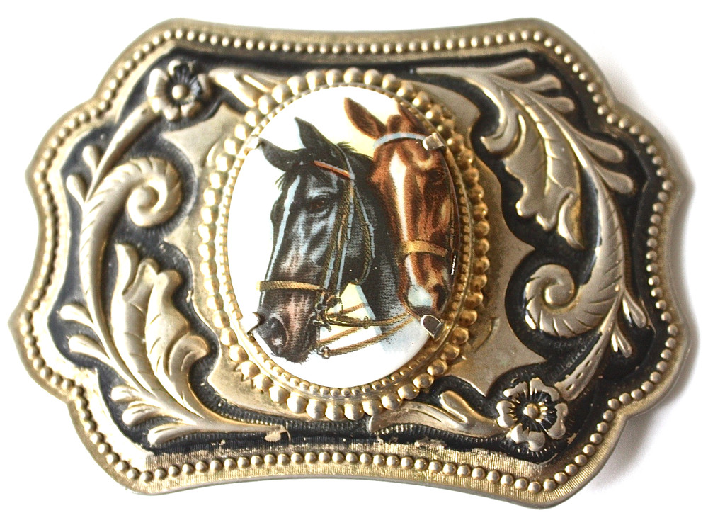 Vtg Equestrian Western Belt Buckle Porcelain Horse Portrait SIlver and Gold Tone