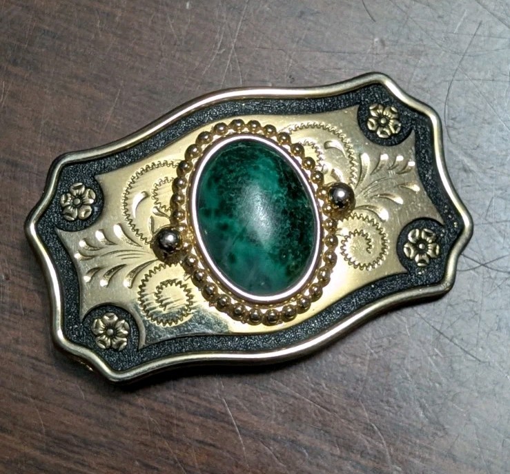 Vtg Southwestern Emerald Green Gem Stone Gold Tone With Black Belt Buckle