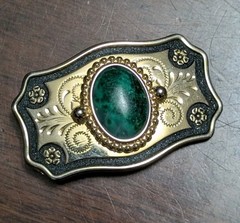 Vtg Southwestern Emerald Green Gem Stone Gold Tone With Black Belt Buckle