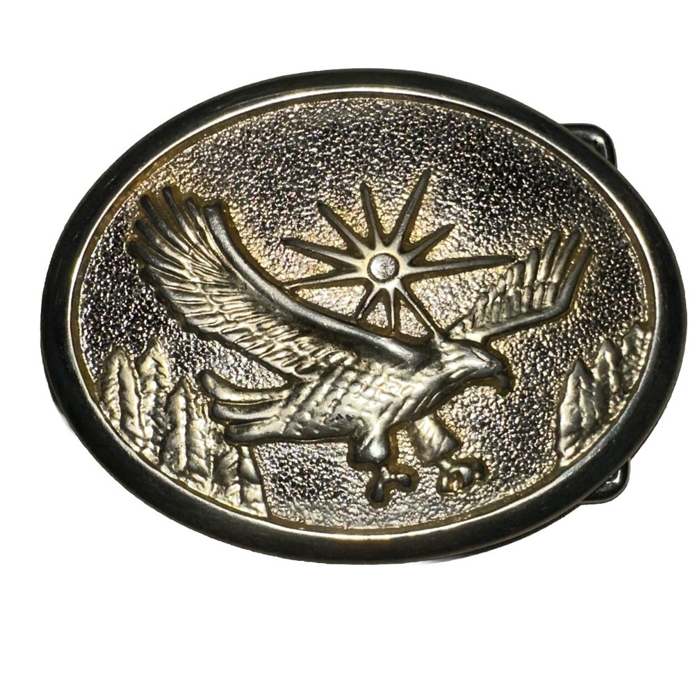 VINTAGE BELT BUCKLE Majestic Eagle Sun Trees Star Jewel Flying Oval Metal USA