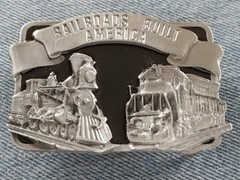 RAILROADS BUILT AMERICA STEAM & DIESEL ENGINE BELT BUCKLE SISKIYOU MADE IN USA
