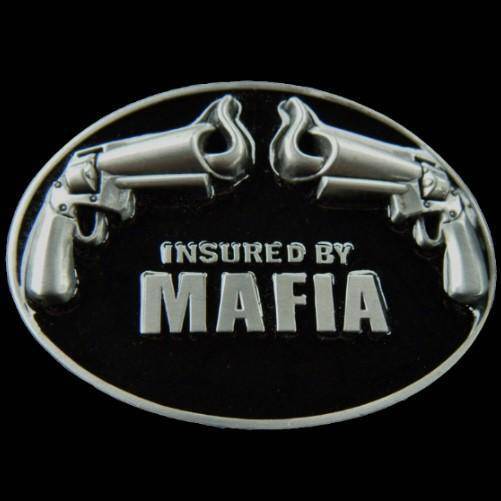 Belt Buckle Insured By Mafia Organized Crime Fun Party Gun Buckles