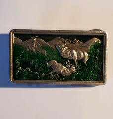 Vintage 1977 Bergamot Brass Works belt buckle elk family scene mountains USA
