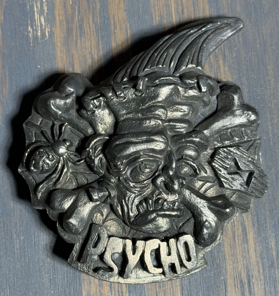 NOS Y2K Lucky 13 Felon Apparel Metal Belt Buckle PSYCHO Psychobilly Skull Tattoo