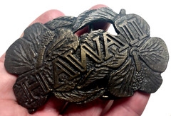 Belt Buckle Cast Brass HAWAII Red Hibiscus State Flower Dix Leather Co Denver CO