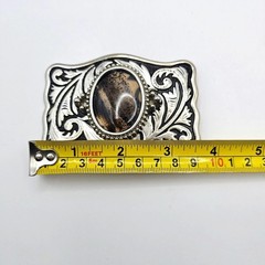 Western Belt Buckle Dendritic Agate Cabochon Silver Engraved Accents Side Pieces