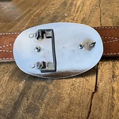 Beautiful Vintage Belt Buckle Silvertone w Polished Stone 3.50&Prime; x 2.3/8&Prime;