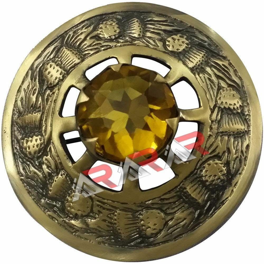 Mens Scottish Kilt Fly Plaid Brooch Yellow Stone Antique Finish 3&Prime; Highland AAR
