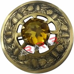Mens Scottish Kilt Fly Plaid Brooch Yellow Stone Antique Finish 3&Prime; Highland AAR