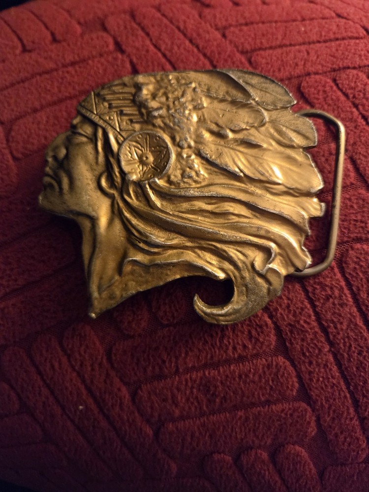 Vintage Southwestern Solid Brass Native American Headdress BELT BUCKLE 3&Prime; x 2.5&Prime;