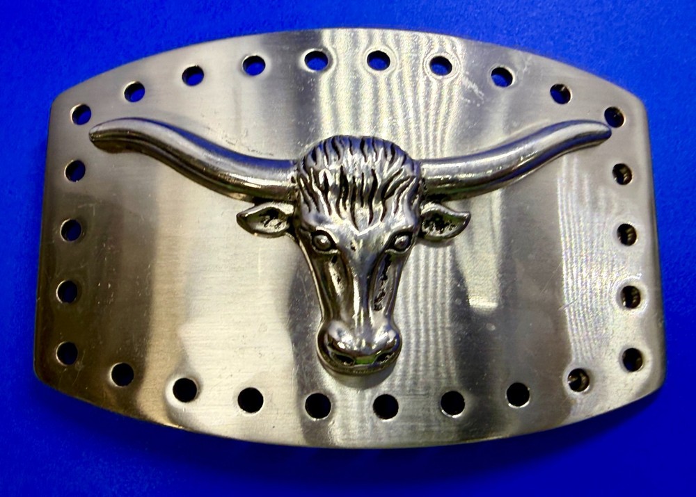 Longhorn Steer Skull Raised Silver Tone Large Belt Buckle With Hole Border