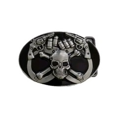 Skull & Crossbones Gun & Bullets Handcuffs Belt Buckle Fits Belt 1.5&Prime;