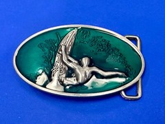 Surfer Riding A Wave Hang 10 Oval Aqua Ocean Sea Blue Color Belt Buckle