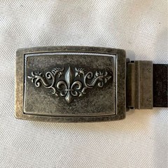 Fleur de Lis reversible pewter type belt buckle. Monogram M on the reverse side