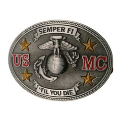 USMC Marine Corps Enameled Belt Buckle And Leather Wrangler Belt 39&Prime;-44&Prime;