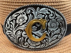 Antiqued Silver Gold Initial C Oval Western Cowboy Floral Vine Belt Buckle