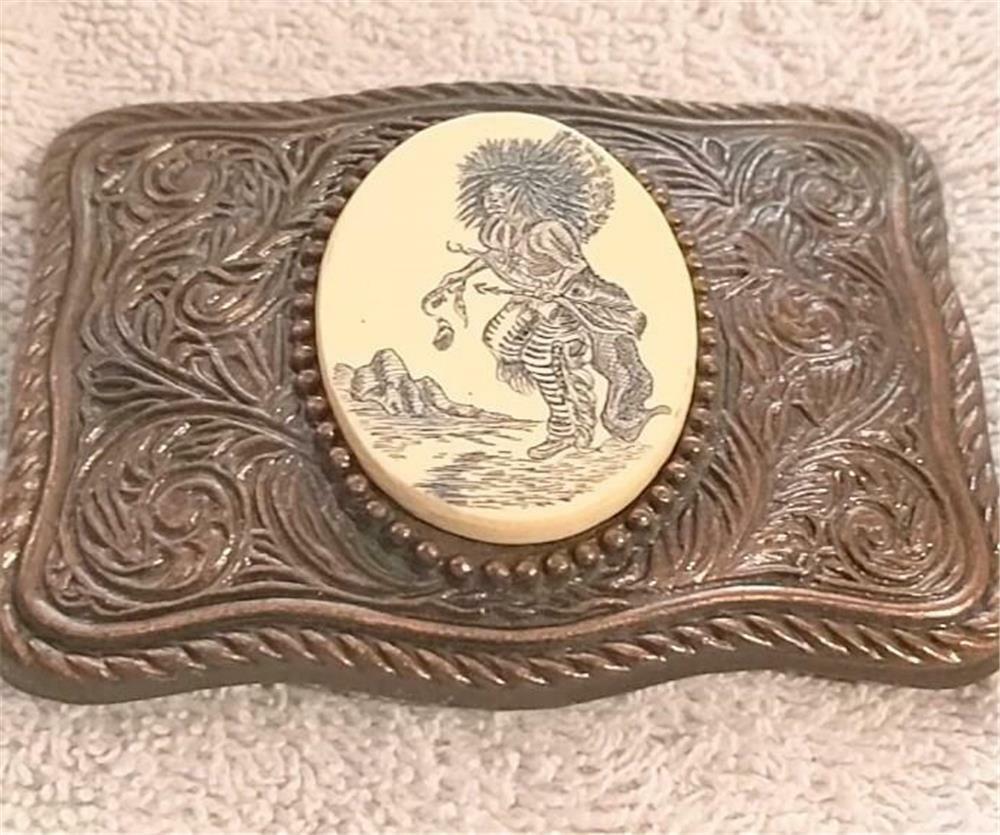 Vintage Simulated Scrimshaw Bronze Look Belt Buckle Detailed Indian Dancer RARE