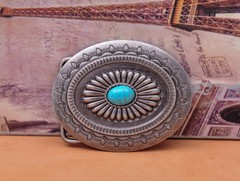Vintage Charm Southeast Indian Ethnic Flower Turquoise Leather Belt Buckle Huge