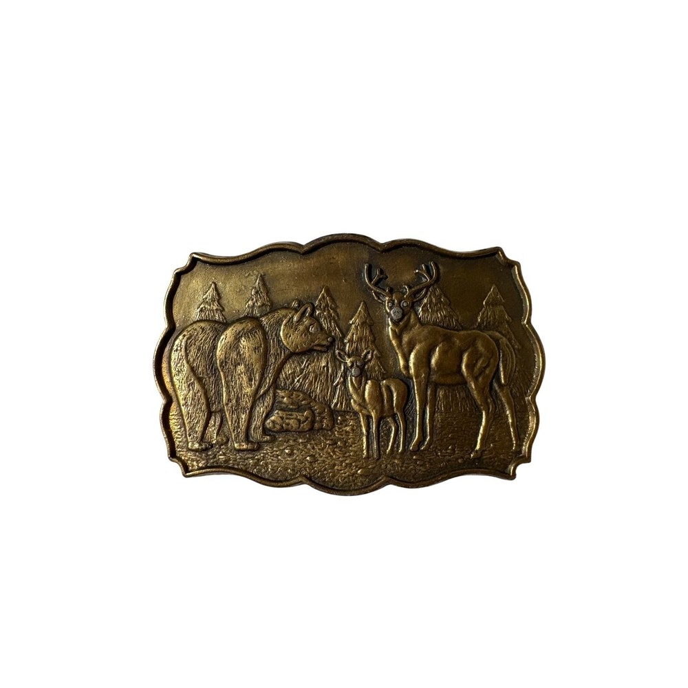 Antique Brass Tone Wildlife Bear Deer Scene Western Belt Buckle