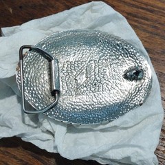 Men&rsquo;s Oval Western Metal Belt Buckle Silver Tone Blue Inlay Engraved 1.5in