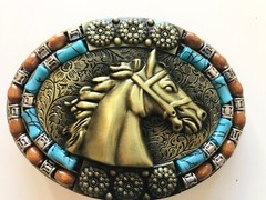 Men -women Belt Buckle Brass horse head with turquoise and rust inlaid stone