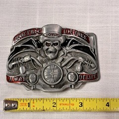 Biker Motorcycle Belt Buckle Howdy Skull Ride Free 3in
