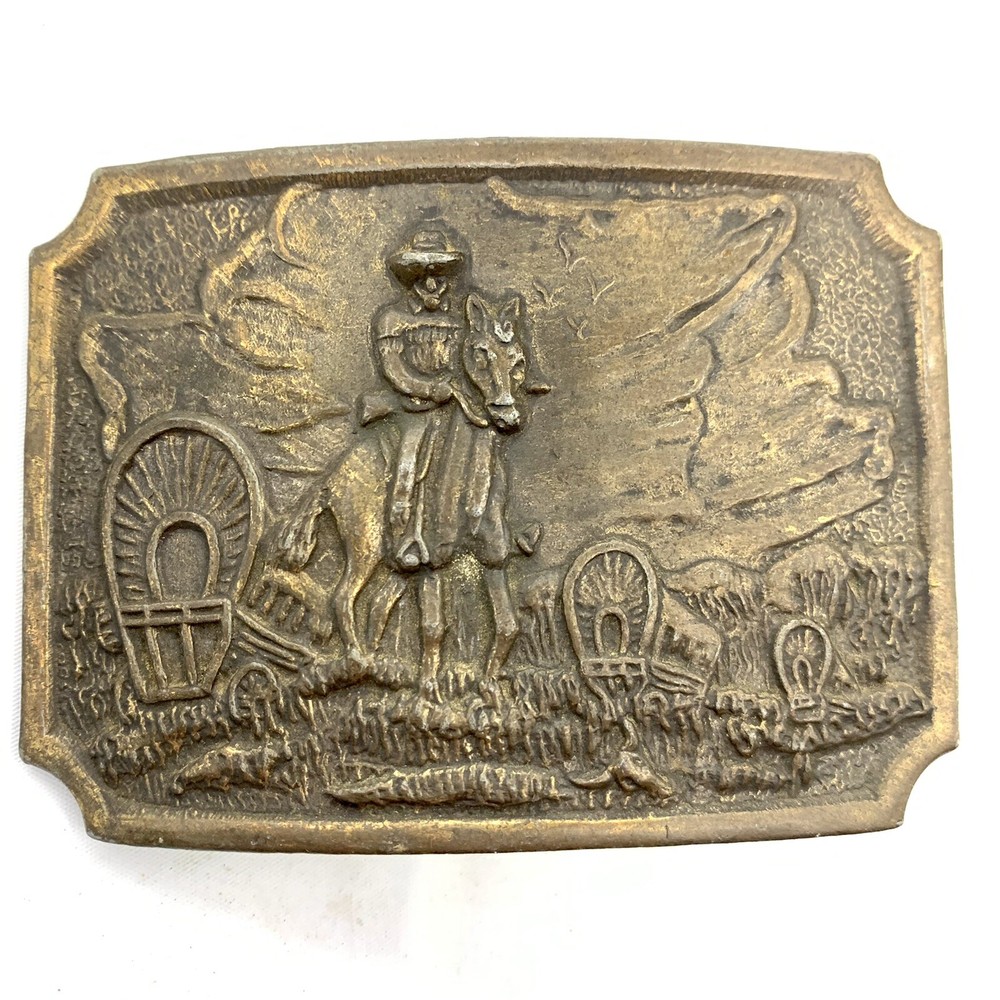 Vintage Western Belt Buckle Pioneers Wagon Train Trail Cowboy Horse