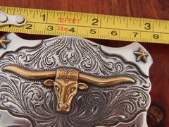 Silver Tone Metal Belt Buckle, Gold Tone Long Horn Steer Image SHIPS FREE