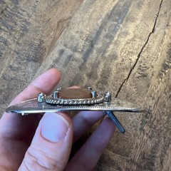 Beautiful Vintage Belt Buckle Silvertone w Polished Stone 3.50&Prime; x 2.3/8&Prime;