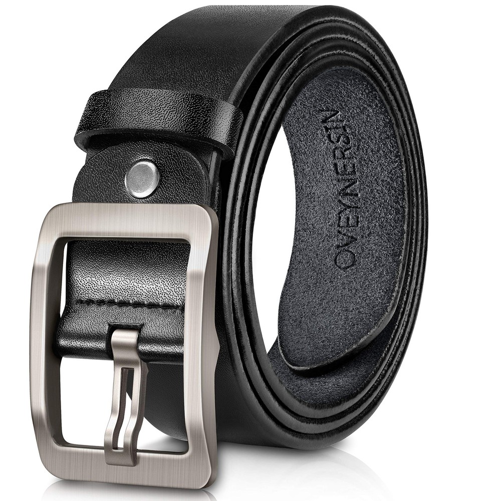 OVEYNERSIN Men Belt – 100% Genuine Leather casual Dress Belts Big Metal Black