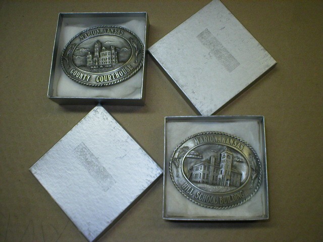 2 Vintage Belt Buckles, Marion, Kansas, County Courthouse/Hill School Building