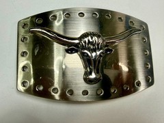 Texas Longhorn Cow Bull Head Steer Hole Border Silver Color Western Belt Buckle