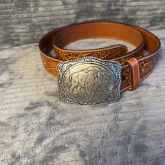 Crumrine Buffalo Belt & Buckle Western Silver Tone 38058 Cowboy LEATHER Belt 42