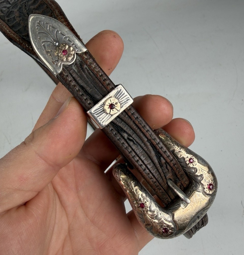 Vintage Handmade .925 Sterling Silver 10k Gold Ruby Set Belt Buckle Set 1940s