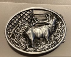 Elk Deer American Flag Belt Buckle USA Hunter Antique Silver Fits 1.5&Prime; Belts