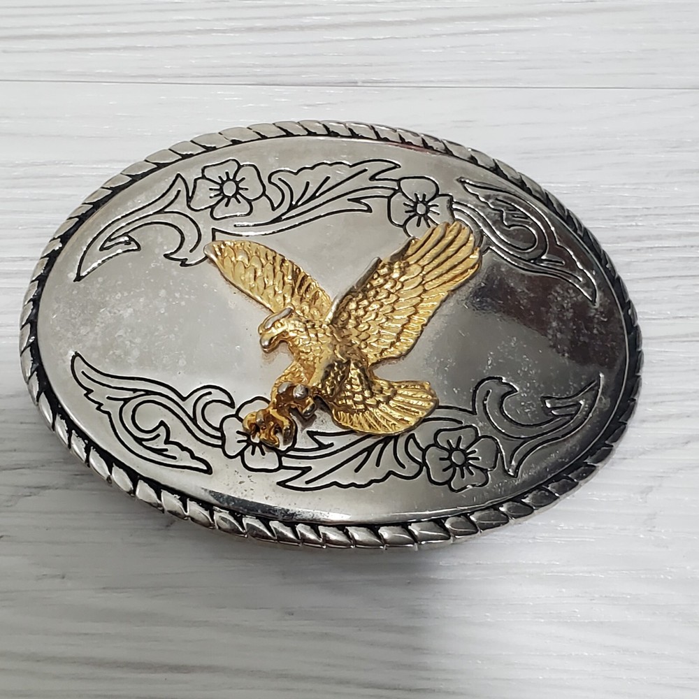 Bald Eagle Belt Buckle Gold & Silver Tone Made In USA 3&Prime;×2.5&Prime; America
